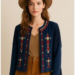 Bojo Western  Style Aztec Embroidered Fringe Jacket-Suede Look Navy Blue- Size M